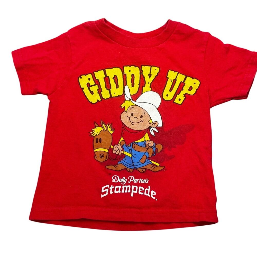 VTG Dolly Parton Stampede "Giddy Up" Red Cowboy Shirt Toddler Sz 3 Child Horse